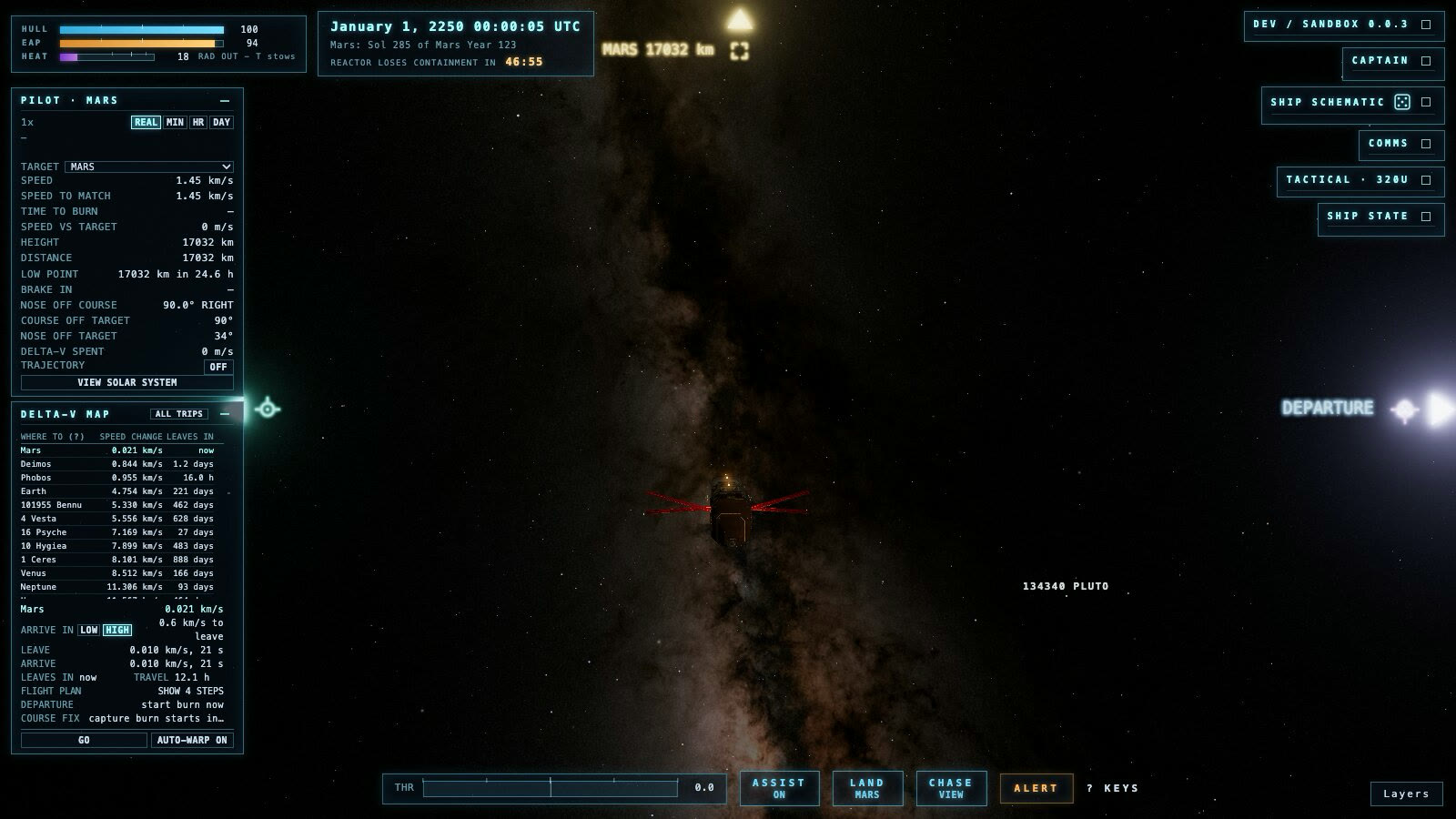 The ship in high Mars orbit with the Milky Way band behind it, looking toward Sagittarius