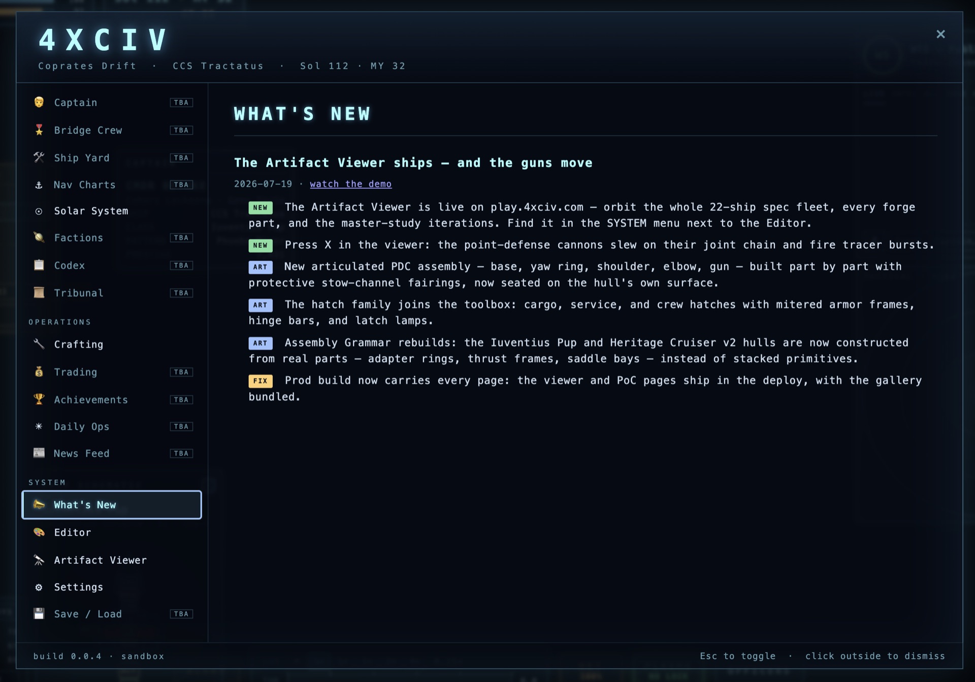 The in-game What's New panel