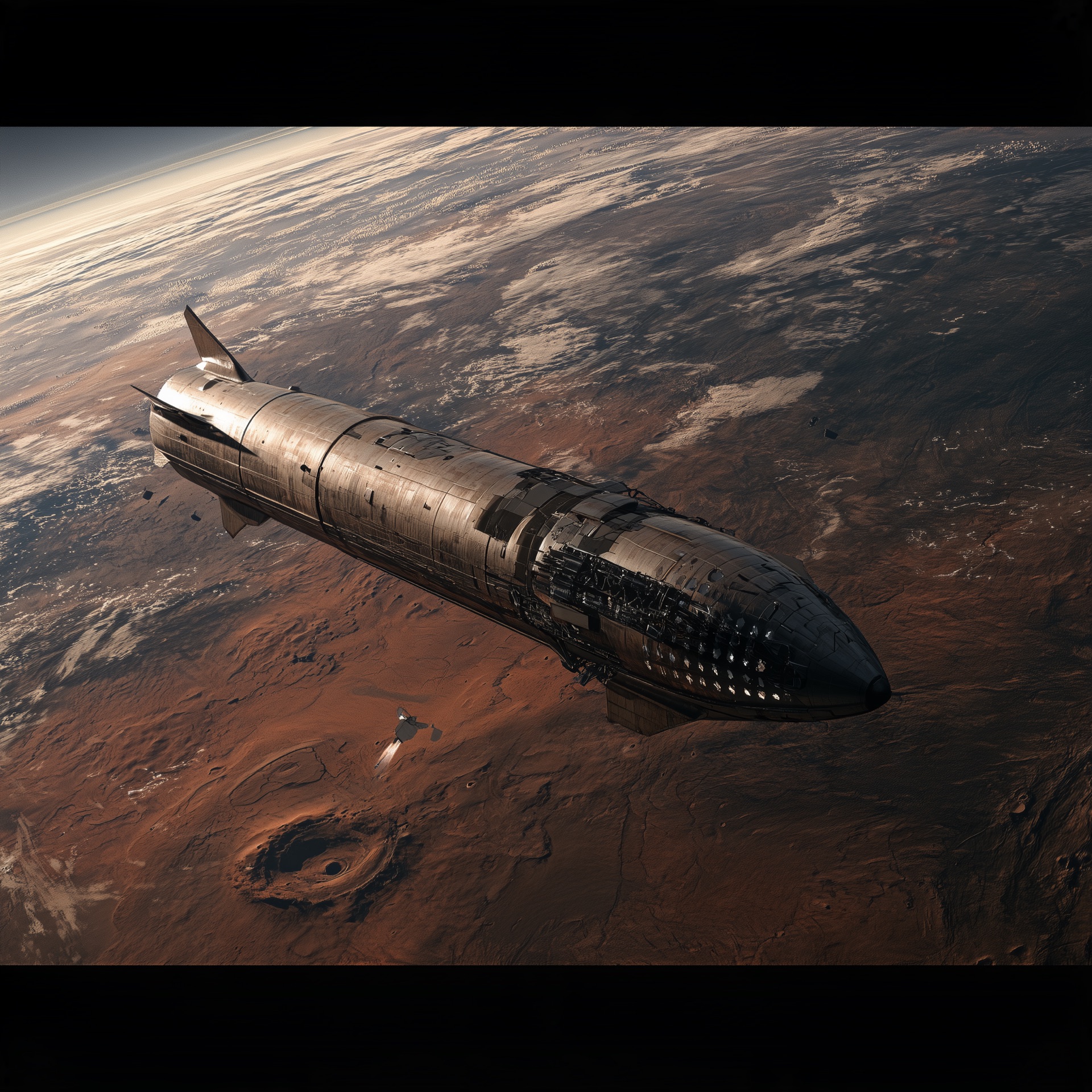 Concept art: dark ship descending to Mars